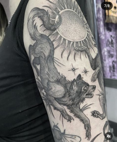 Animals In Clothes Tattoo, Werewolf Tattoo For Women, Coyote Tattoo Women, Matching Thigh Tattoos, Wolf Arm Tattoo, Dire Wolf Tattoo, Woodblock Tattoo, Black Wolf Tattoo, Cryptid Tattoo