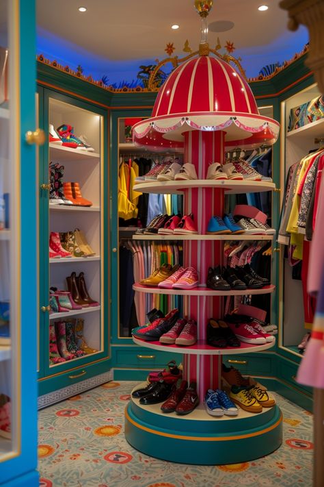 Use these innovative methods to store your shoes so that you never have to trip over a loose sneaker again! Shoe Race Garage, Hand Painted Sneakers Storage, Closet Shoe Carousel, Sneakers Shop Interior Design, Clever Shoe Storage, Shoe Carousel, Shoe Storage Hacks, Shoe Storage Ottoman, Display Shoes