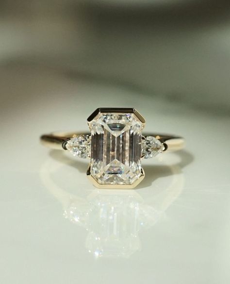 Half Bezel Engagement Ring, Diamond Ring Wedding, Emerald Cut Diamond Engagement Ring, Wedding Ring For Women, Emerald Cut Diamond Engagement, Bezel Engagement Ring, Emerald Cut Engagement, Silver Diamond Ring, Yellow Gold Wedding Ring