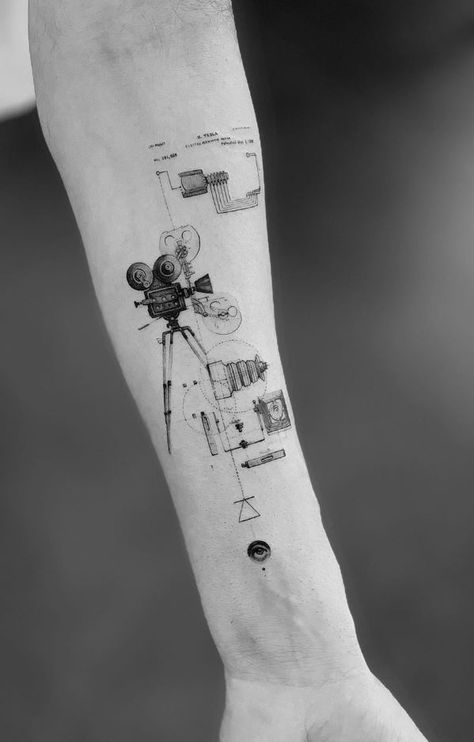 Physics Tattoos, Geometric Line Tattoo, Modern Art Tattoos, Camera Tattoos, Geometric Sleeve Tattoo, Camera Tattoo, Sacred Geometry Tattoo, Leg Tattoos Women, Instagram Tattoo