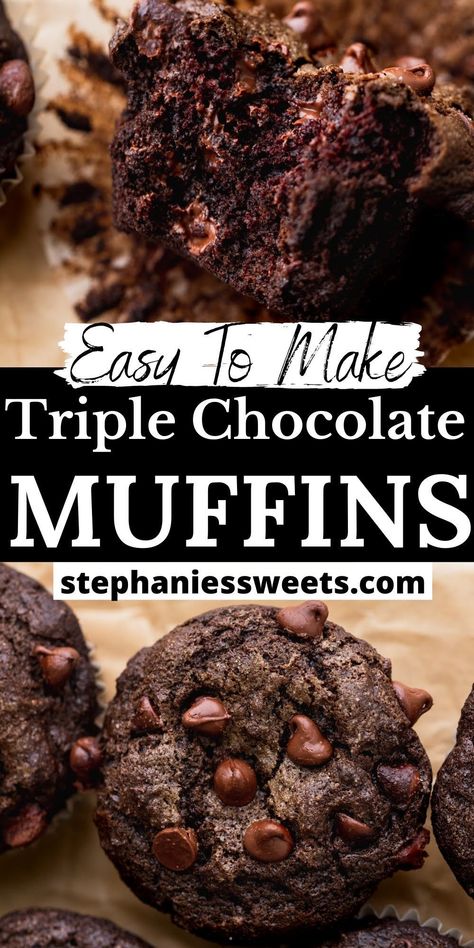 These triple chocolate muffins are loaded with cocoa powder, melted chocolate and chocolate chips. No mixer is needed to make these super easy muffins. Triple Chocolate Muffins Recipe, Chocolate Muffins Moist, Triple Chocolate Muffins, Bakery Muffins, Double Chocolate Chip Muffins, Chocolate Decadence, Work Recipes, Tin Recipes, Chocolate Muffin Recipe