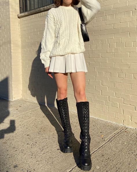 Conner on Instagram: “category: legz” Tan Pleated Skirt Outfit, Cream Mini Skirt Outfit, Cream Pleated Skirt Outfit, Beige Mini Skirt Outfit, Short Pleated Skirt Outfit, Mini Skirt And Sweater Outfit, Mini Pleated Skirt Outfit, Cream Skirt Outfit, White Pleated Skirt Outfit