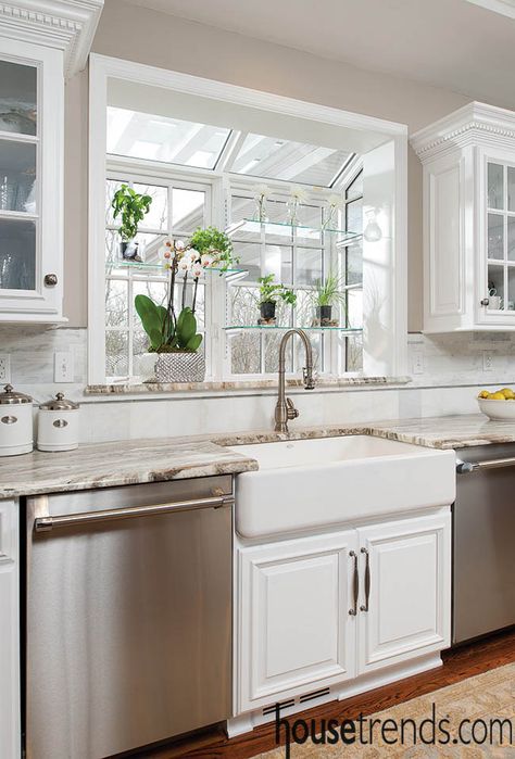 Kitchen Garden Windows, Kohler Farmhouse Sink, Kitchen Garden Window, Over Kitchen Sink, Window Over Sink, Kitchen Bay Window, Kitchen Sink Window, Kitchen Window Design, Sink Ideas