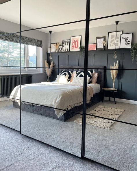 LAURA (@houseproject_36) • Instagram photos and videos Bedroom With Panelling, Mirror Pictures Instagram, Ikea Sliding Door, Beige And Grey Living Room, Dressing Pax, Mirrored Wardrobe Doors, Sliding Mirror Closet Doors, Monochrome Bedroom, Closet Door Makeover