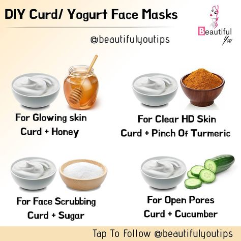 605 Likes, 2 Comments - Fitness | Beauty (@beautifulyoutips) on Instagram: “Here 4 vest face masks made with curd and one more ingredient for your skin   Just apply these…” Turmeric For Face, Face Pack At Home, Face Mask Homemade, Clear Skin Face Mask, Skin Face Mask, Clear Healthy Skin, Glowing Skin Mask, Diy Skin Care Routine, Natural Glowing Skin