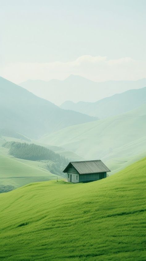 A cabin a green field with a valley architecture landscape grassland. | free image by rawpixel.com / Beem Landscape Reference Photos Nature, Green Background Aesthetic Landscape, Phone Wallpaper Plain, Grassland Aesthetic, Iphone Wallpaper Plain, Plain Landscape, Minimalist Iphone Wallpaper, Photography 4k, Landscape References