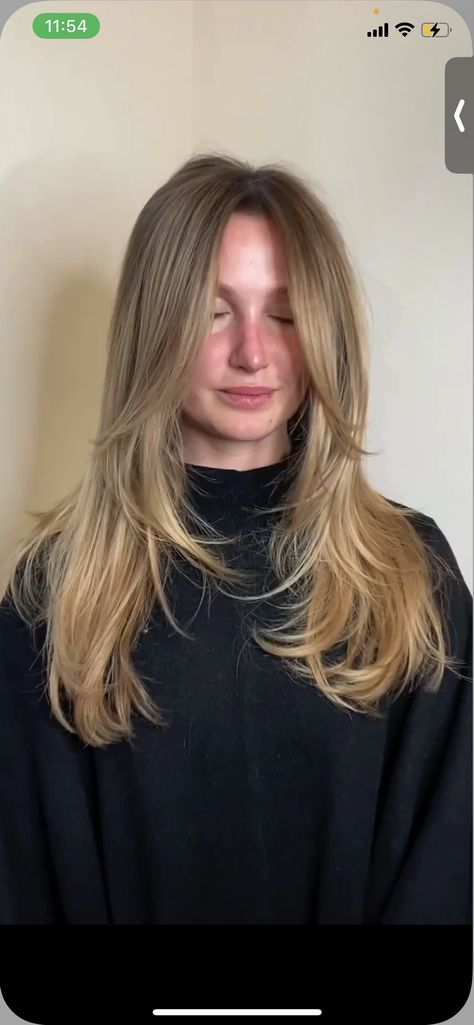 Textured Haircut Straight Hair, Long Layers With Angles, Long Angles And Layers, Angles And Layers Haircut, Slightly Off Center Part, Front Angles Long Hair, Face Framing For Fine Hair, Haircut Length Ideas, Blonde Burnett Balayage