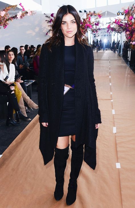 Julia Restoin Roitfeld wears a mini dress, coat, and over-the-knee boots Black Over The Knee Boots Outfit, Thigh High Boots Outfit, Julia Restoin Roitfeld, Over The Knee Boot Outfit, Knee Boots Outfit, High Boots Outfit, All Black Fashion, Black Thigh High, Dos And Don'ts