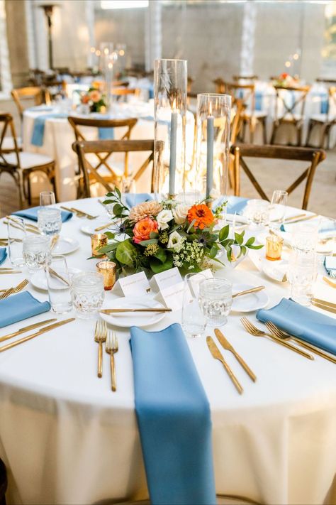 Blue And Orange Spring Wedding, Blue And Orange Wedding Decor, Blue Wedding Theme Fall, Wedding Orange And Blue, Orange Reception, Orange And Blue Wedding, Blue And Orange Wedding, Blue Orange Weddings, Orange Wedding Colors