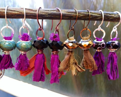 Sari silk ribbon earrings | whoozqueen | Flickr Sari Fabric Ideas, Sari Ribbon Jewelry, Silk Ribbon Jewelry, Sari Silk Jewelry, Ribbon Earrings, Tassel Necklace Boho, Sari Silk Ribbon, Fiber Art Jewelry, Sari Ribbon