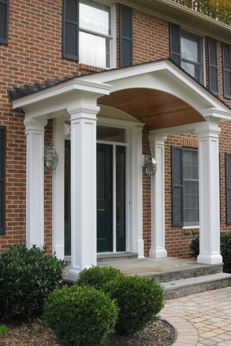 Front Door Covered Entry Colonial, Front Entry Portico, Portico Column Design, Portico Entry Modern, Front Portico Ideas, Portico Entry Colonial, Front Porch Addition Colonial, Arched Portico, Colonial Portico