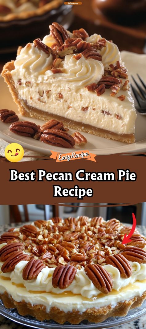 Indulge in the sweet, nutty flavors of Pecan Cream Pie, a delightful twist on a classic dessert. Featuring a velvety cream filling interspersed with crunchy pecans and topped with a light, fluffy whipped cream, this pie is a luxurious treat for any occasion. Serve it chilled for an irresistibly rich experience. #PecanCreamPie #HolidayDesserts #PecanDesserts Fluffy Pecan Pie Recipe, Whipped Pecan Pie, Pies With Pecan Crust, Pecan Pie With Ritz Crackers, Pecan Cream Pie 12 Tomatoes, Pecan Fluff Pie, Pecan Pie Roll, Keto Pecan Cream Pie, Cream Pies Recipes