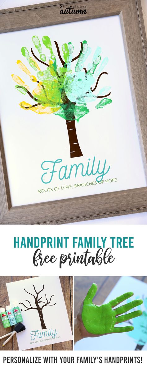 Cute family handprint tree! Click through for the free printable tree, then personalize with your family's handprints. #handprintart #handprintcrafts Handprint Family Tree, Family Handprint, Handprint Tree, Printable Tree, Family Tree Craft, Family Art Projects, Family Tree Printable, Handprint Gifts, Tree Printable