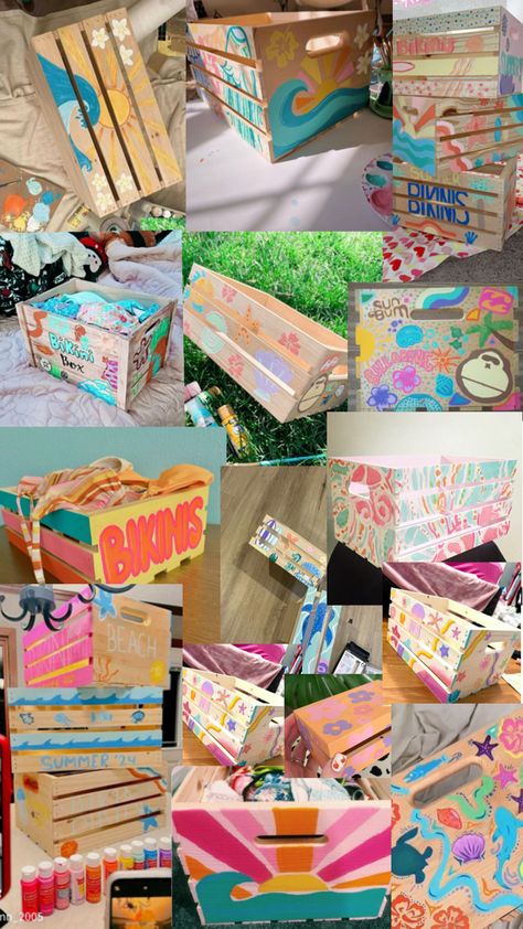 Swimsuit Basket Ideas, Bikinis Box Painting Sun, Fun Summer Ideas At Home, Swimsuit Basket Painting, Swimsuit Box Painting, Bathing Suit Crate Painting, Swimsuit Basket, Painted Boxes For Bikinis, Swimsuit Boxes