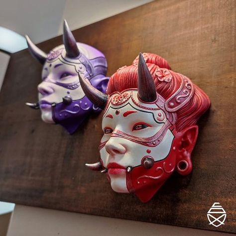 Hannya Display Mask - CHUNARI Version - Captivating 3D Printed Art Pieces Japanese Mask Art, Asian Mask, Mascara Hannya, Japan Mask, Oni Maske, Mascara Oni, 3d Printed Art, 3d Printed Mask, Mask Wall Decor