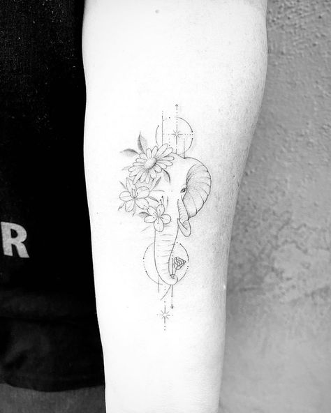 Done by InkbyRico Spine Tattoo Elephant, Elephant And Orchid Tattoo, Elephant Arm Tattoos For Women Forearm, Sabai Sabai Tattoo, Elephant Tattoos With Forget Me Nots, Unique Elephant Tattoos For Women, Elephant Fineline Tattoo, Buddhist Elephant Tattoo, Linework Elephant Tattoo