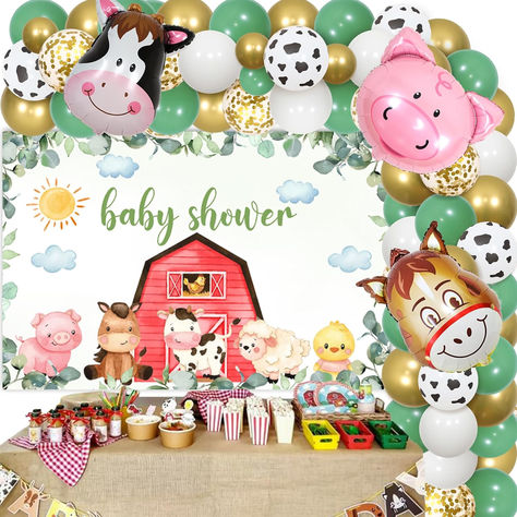 Sage Green Farm Animal Baby Shower Decorations - Farm Animals Balloon Garland Arch Kit with Backdrop, Cow Donkey Pig Foil Balloons for Farmhouse Theme Pregnancy Celebration Newborn Party Supplies #ad #babyshower #babyshowerideas #Babyshowersupplies #farmbabyshower #farmanimalbabyshower #farmanimals #barnanimalsbabyshower #Babyshowertheme Farm Animal Baby Shower Ideas, Baby Farm Animals Shower Ideas, Farm Themed Baby Shower Ideas, Farm Animal Baby Shower Theme, Barnyard Baby Shower Ideas, Farm Baby Shower Theme, Newborn Party, Farmhouse Theme, Farm Baby Shower