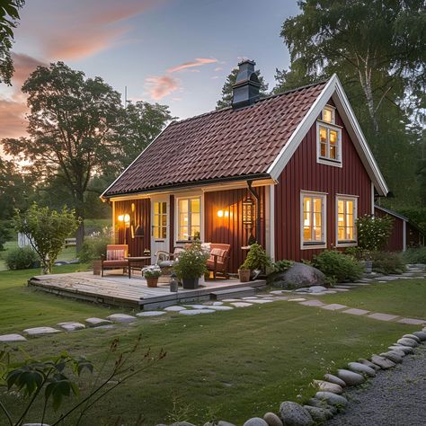 Cottage: Architecture, History, Sustainability, Materials And Typical Prices 68 Red Cottage Exterior, Scandinavian Cottage Exterior, Scandinavian House Design Exterior, German Cottage, Cottage Building, Scandinavian House Design, Cottage Architecture, Manicured Lawn, Stone Pathways