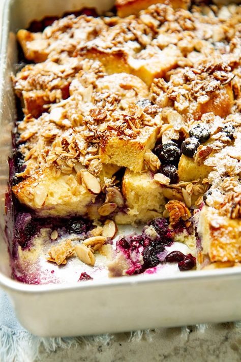 Blueberry Brioche French Toast Casserole Recipe | Girl Versus Dough Easy Brunch Bake, Blueberry Casserole, Brioche French Toast Casserole, Heavy Cream Recipes, Make Ahead Brunch Recipes, Breakfast Cake Recipes, Homemade Brioche, Sweet Brunch, Make Ahead Brunch