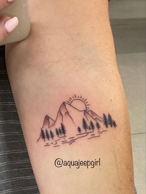 Simple tattoo, mountain and lake tattoo. Pine trees and mountain tattoo Sun And Trees Tattoo, Tree And Lake Tattoo, Mountains Couple Tattoo, Sun And Moutain Tattoos, Mountains And Pine Trees Tattoo, Mountain Tattoo With Pine Trees, Simple Tattoos Mountain, Mountain With Lake Tattoo, Mountain And Lake Tattoo Simple