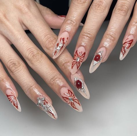 Silver And Red Nails, Shape Nails, Butterfly Nails, Red Acrylic Nails, Goth Nails, Grunge Nails, Almond Shape Nails, Glow Nails, Blush Nails