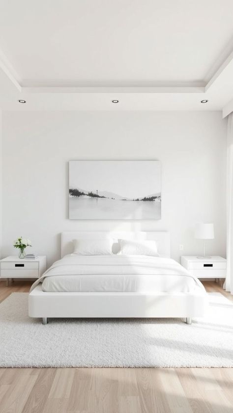 White House Bedroom, Minimal White Bedroom, White Platform Bed, Plush Area Rug, Minimalism Design, Minimal Bedroom, Tranquil Retreat, Minimalist Bedroom Design, Garden Grove