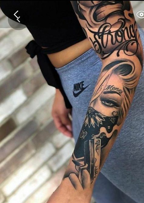 Gangster Tattoos For Women, Thug Tattoos For Women, Payasa Tattoo, Tattoos Leg, Unique Half Sleeve Tattoos, Cute Thigh Tattoos, Chicanas Tattoo, Full Hand Tattoo, Girl Thigh Tattoos