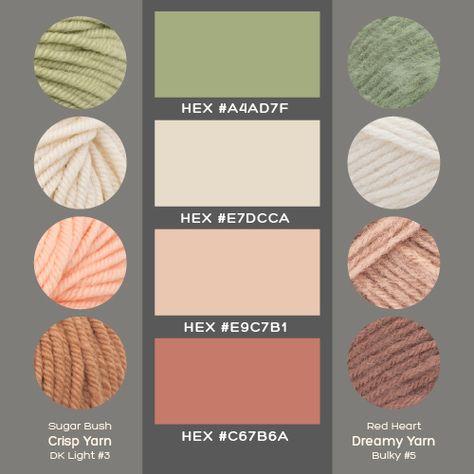 Need a yarn color combinatioin palette for your crochet or knit project? Vivid Crochet is here to inspire you! This color scheme of olive, beige, peach and copper offers 2 yarn options true to color in 2 sperate yarn weights. #yarncolorpalette Color Combinations For Knitting, Earth Tone Color Palette Yarn, Boho Yarn Color Palette, Beige Combination Colour Palettes, Yarn Colors Palette, Crochet Blanket Color Palette, Crochet Colour Schemes, Yarn Color Pallets, Yarn Pallettes