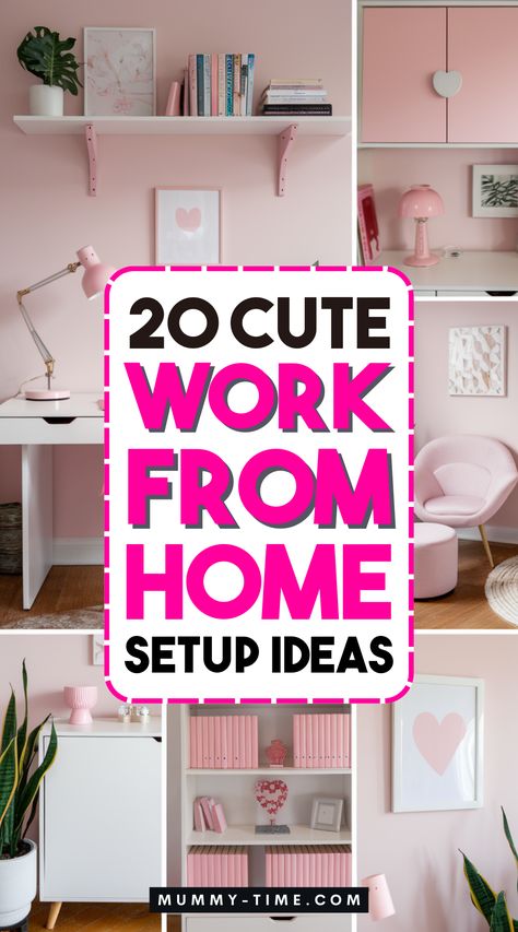 📋 Looking for home office ideas? Get inspired with our work-from-home setup tips! 🪴 From ergonomic essentials to stylish decor, create a space that boosts productivity and comfort. Save this pin for your office transformation! 💡 Desk Setup Feminine, At Home Office Set Up, Cute Wfh Desk Setup, Home Office Shipping Station, Office Desk Setup At Work, Girly Computer Desk Setup, Personal And Work Computer Setup, Work From Home Poster Ideas, Girly Work From Home Desk Setup