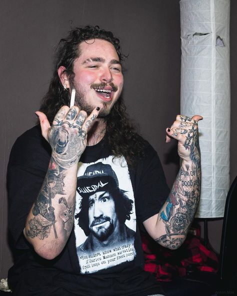 Post Malone | Anton Mak Post Malone Long Hair, Celeb Tattoos, Post Malone Tattoos, Tattoos On Arm, Post Malone Lyrics, Your Name In Japanese, Post Malone Wallpaper, Night Mood, Bone Tattoos