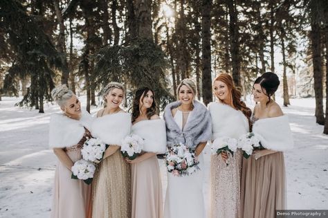 Champagne Bridesmaid Dresses With Fur Shawl, Winter Gold Bridesmaid Dresses, Gold Bridesmaid Dresses Christmas, Neutral Bridesmaid Dresses Winter, Winter Wedding Coats For Bridesmaids, Winter Wedding Colors Gold Champagne Bridesmaid Dresses, Gold Winter Bridesmaid Dresses, Champagne Bridesmaid Dresses Winter Wedding, Champagne Winter Bridesmaid Dresses