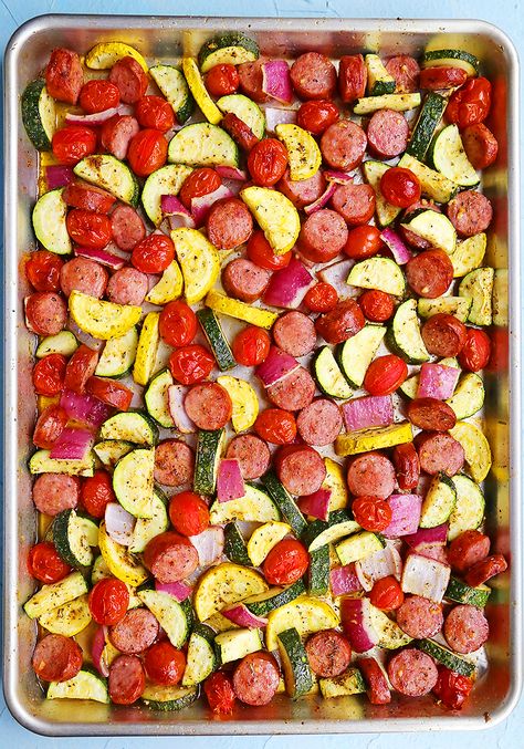 Sausage, Zucchini + Tomato Sheet Pan Dinner – The Comfort of Cooking Sausage Zucchini Squash Sheet Pan, Zucchini And Sausage, Sausage And Potatoes Skillet, Zucchini In The Oven, Chopped Steak, Zucchini Tomato, Roast Zucchini, Easy Sheet Pan Dinners, Skillet Potatoes