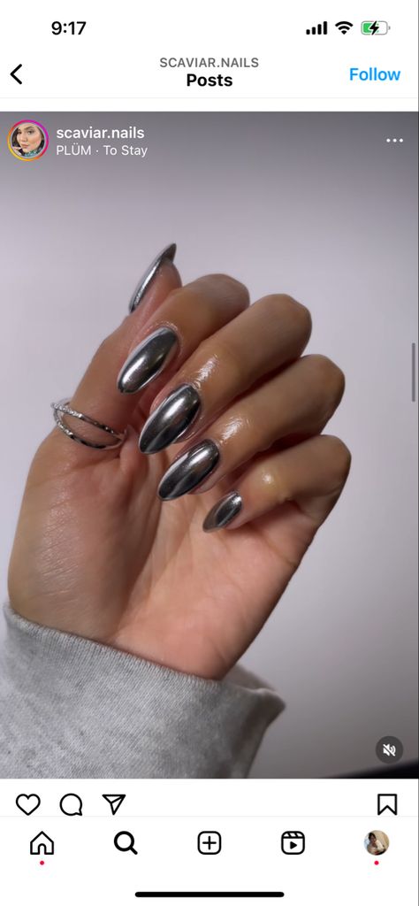 Dark Gray Chrome Nails, Grey Chrome Nails, Dark Chrome Nails, Dark Grey Nails, Black Chrome Nails, Black French Tips, Almond Shape Nails, Gray Nails, Short Acrylic