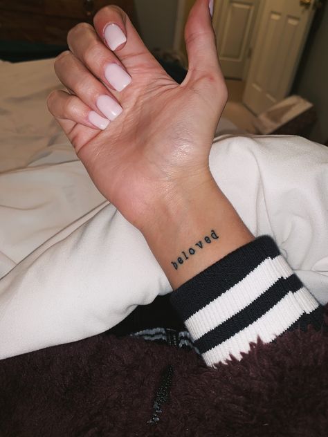 Christian tattoo beloved minimalist Beloved Tattoo, Insta Tattoo, Bible Tattoos, Small Tattoos Simple, Small Wrist Tattoos, Wrist Tattoos For Women, Dainty Tattoos, Subtle Tattoos, Tattoo Blog