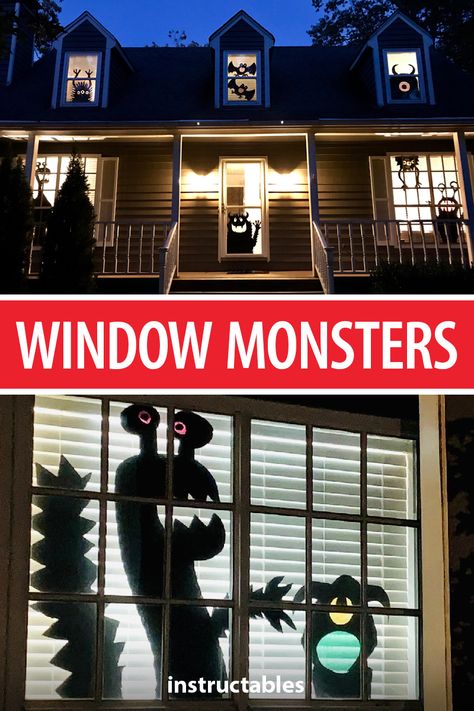 Halloween Window Cutouts, Halloween Window Eyes Diy, Window Silouhette Halloween Diy, House Monster Halloween, Halloween Monster House Decorations, Monster House Halloween, Halloween Monster Window Silhouettes, Halloween Monster House, Halloween Window Decorations