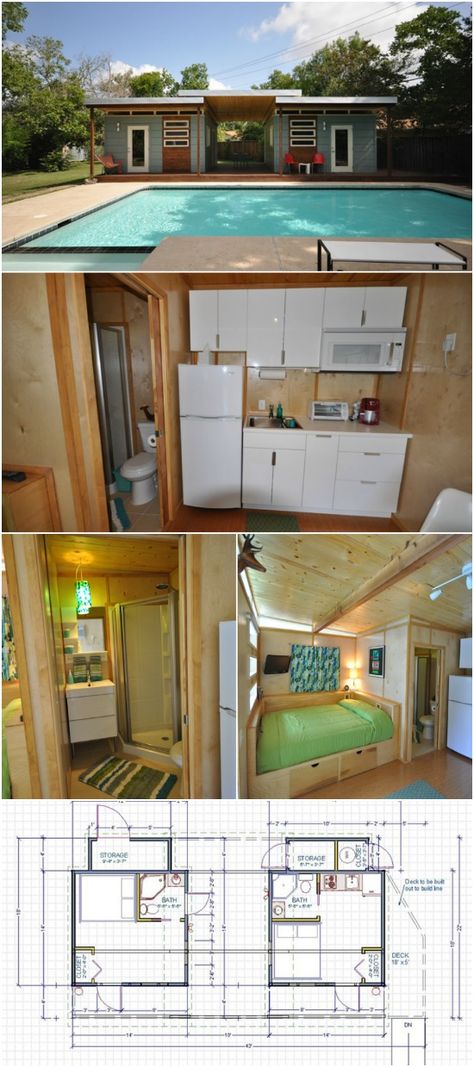 14x14 Modern Dwelling Double Tiny House with Breezeway by Kanga Room Systems - We have another incredible tiny house by Kanga Room Systems to share with you and you’re going to love what these owners did with their 14x14 kits. This tiny house consists of two 14x14 kits that are connected by a breezeway overlooking a huge pool for a tropical setting. The exterior of the home was painted a pale blue color with wood accents and white trim which looks great against the sparkling pool. Tiny House Pool Cabana, Tiny Homes Connected By Breezeway, Tiny Home With Pool, Breezeway House Plans, Two Tiny Houses Connected, Double Tiny House, House With Breezeway, Backyard Shade Ideas, Airbnb Cabins