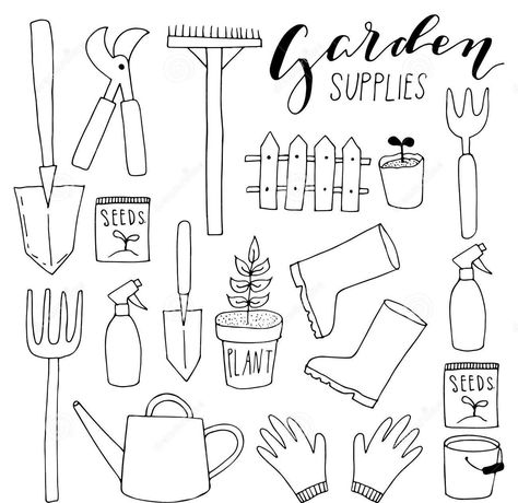 Garden Supplies Garden Doodles Easy, Gardening Doodles, Garden Drawing Simple, Garden Doodles, Spring Doodles, Vegtable Garden, Garden Drawing, Book Illustration Art, White Gardens