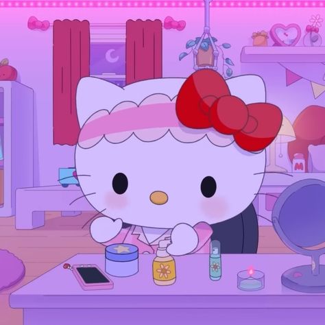 The pic shows Hello Kitty finishes her skincare routine while wearing a headband and pink pjs Pamper Routine, Pampering Routine, Lo Fi, Night Routine, Hello Kitty, Kitty