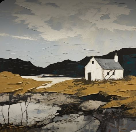 Scottish Paintings Landscapes, Scotland Painting, Scottish Isles, Earthy Art, Lovely Houses, Scottish Landscape Painting, Scottish Cottages, Hebrides Scotland, Seaside Landscape