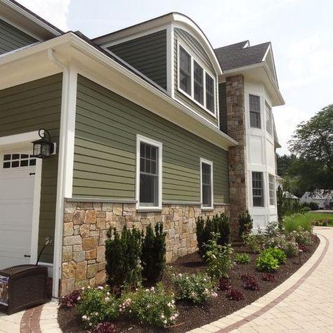 Combining Colonial Tan Natural Stone with Olive Green Siding - traditional - Exterior - Boston - Stoneyard.com Stone And Green Siding House Exterior, Olive Green Brick House Exterior, Green House With Shutters Exterior, Half Stone Exterior Houses, Olive Green Exterior House Colors Paint, Green Siding With Stone, Exterior Paint Colors With Stone, Green House With Stone, Olive House Exterior