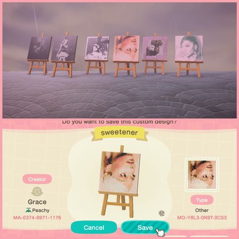 Acnh Ariana Grande, Ariana Grande Animal Crossing, Animal Crossing Ariana Grande, Animal Crossing Album Covers, Acnh Motifs, Ariana Grande Album Cover, Folklore Era, Animal Crossing Outfits, Ariana Grande Album