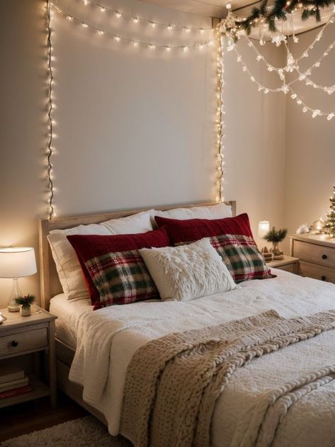 Lights Above Bed, Dreamy Christmas, Pillows And Blankets, Christmas Decorations Bedroom, Christmas Bedroom, Above Bed, Christmas Room, Diy Decor Crafts, Bedroom Themes