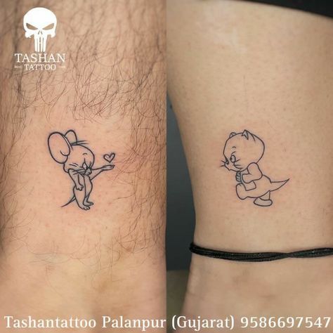 Small Tom And Jerry Tattoo, Cute Small Couples Tattoo, Partner Matching Tattoos, Matching But Different Tattoos Couples, Small Tattoo For Couples, Subtle Matching Tattoos Couples, Couple Small Tattoo Ideas, Opposites Attract Tattoo, Matching Small Tattoos Couples