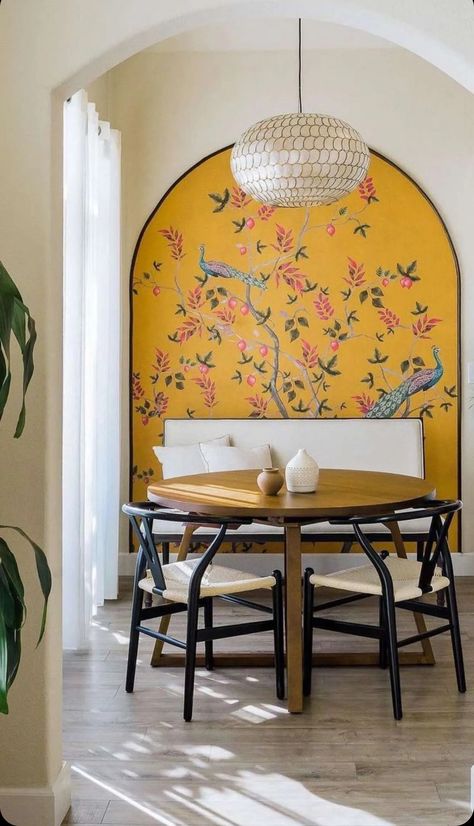 Dining Room Wallpaper, Dining Nook, Indian Home Decor, Indian Home, House Interior Decor, Living Room Makeover, Mellow Yellow, Dream House Decor, Dining Room Design