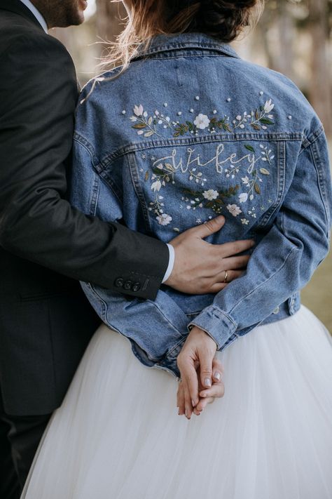 Embroidery Jeans Jacket, Bride Jacket, Wedding Converse, Library Wedding, Embroidered Jean Jacket, Wedding Embroidery, Goth Wedding, Diy Jacket, Dress With Jean Jacket