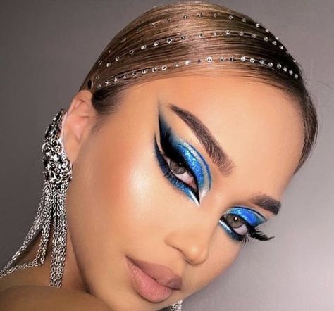 Funky Blue Eye Makeup, Melbourne Cup Makeup, Ballroom Makeup Blue, Creative Blue Makeup Looks, Blue Dance Makeup, Rave Makeup Blue, Freestyle Disco Dance Makeup, Blue Stage Makeup, Vegas Showgirl Makeup