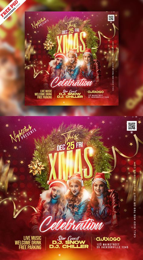 Download Free Christmas Party Invitation Social Media Post PSD. A modern, beautiful and unique template, poster, invitation design for Christmas Night Party. Christmas Night Party Flyer and/or invitation can be used for any holiday party, Birthday party, new year’s eve party or any classy nightclub event. It’s the perfect choice for creating a buzz and getting everyone excited for the event. Christmas Dj Poster, New Year Social Media Design, Happy New Year Post, New Year Poster Design, Christmas Party Invitations Free, Cocoa Plant, New Year Post, Online Jobs For Teens, Party New Year