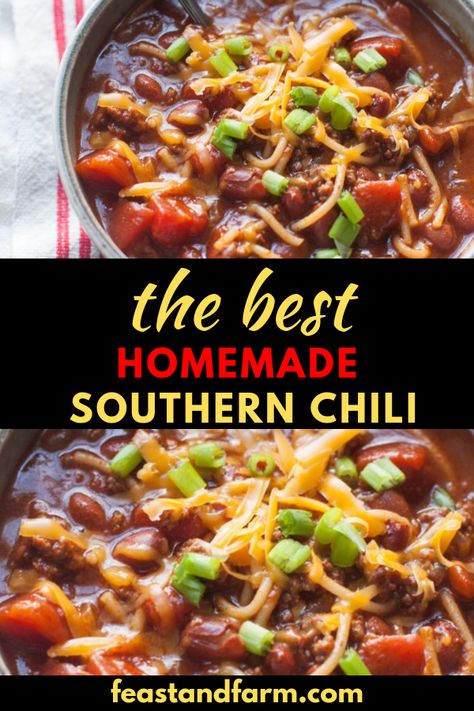 Southern Homemade Chilli Recipe, Perfect Chilli Recipe, Chili Recipe Southern, Southern Chili Recipe Crockpot, Southern Style Chili Recipes, Southern Style Chili, Southern Chilli, Soul Food Chili Recipe, Best Traditional Chili Recipe