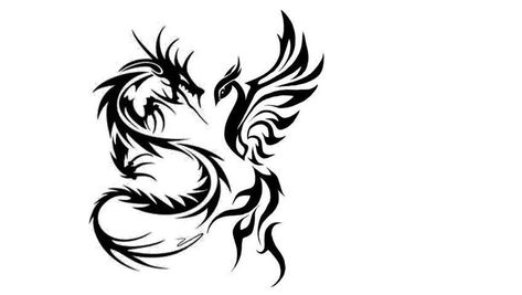 Dragon Phoenix Yin Yang, Couple Phoenix Tattoo, Raven Phoenix Tattoo, Phoenix Dragon Tattoo, Dragon And Phoenix Art, Dragon Phoenix Tattoo, Phoenix And Dragon Tattoo, Phoenix Stencil, Dragon And Phoenix Tattoo