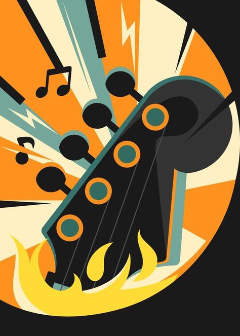 Guitar Poster, Father Art, Rock Poster Art, Guitar Posters, Fire Fire, Jazz Poster, Music Illustration, Music Painting, Vector Sketch